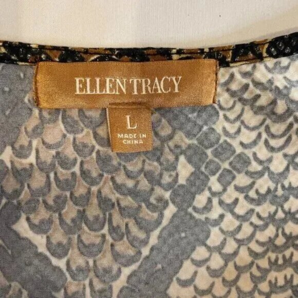 Ellen Tracy Snakeskin Print Top Drape Neck Sleeveless Black Brown Sheen Size L - Picture 6 of 8